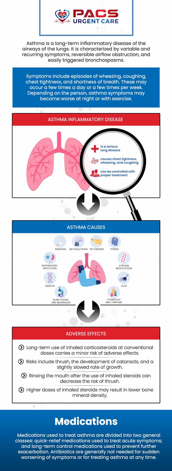 Asthma is a chronic condition that occurs when the airways of your lungs get affected. Many factors can trigger it, such as allergies, respiratory infections, physical activity, air quality, air temperature, or other health conditions. At PACS Urgent Care,  our specialists, Dr. Khaled Said MD and Dr. Walid Hammad, are experienced in diagnosing and treating both adults and children with asthma. For more information, contact us today or online check-in. We have convenient locations to serve you in Alexandria VA, and Ruther glen VA.