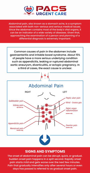 At PACS Urgent Care, our doctors, Dr. Walid Hammad and his team, can assess your abdominal pain, no matter how mild or severe, to determine the best course of treatment. Abdominal pain can be caused by many factors, including diarrhea, appendicitis, food poisoning, acid reflux, menstruation, and urine infection. For more information, contact us today or simply visit us. We have convenient locations to serve you in Alexandria VA, and Ruther Glen VA!