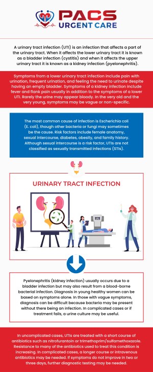 At PACS Urgent Care, our team of medical experts would be more than happy to provide you with fast and thorough medical care to help eliminate the infection. Some common symptoms of UTI infection include painful urination, burning while urination, bloody urination, and pressure or cramping in the groin or lower abdomen. For more information, contact us today or simply visit us. We have convenient locations to serve you in Alexandria VA, and Ruther Glen VA!